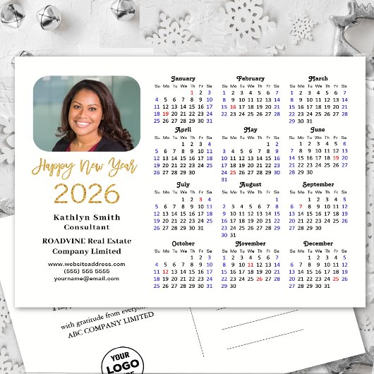 Business-Logo 2026 Kalender Moderner Gold-Glitzer Feiertagspostkarte