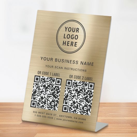 Business Logo 2 QR Codes Gold Sockelschild