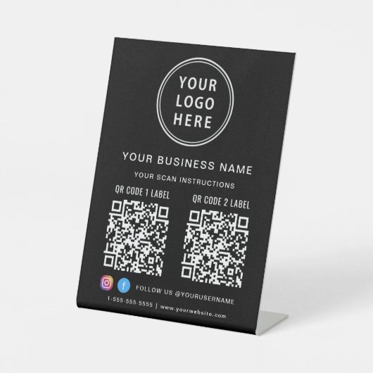 Business Logo 2 QR Codes Social Media Black Sockelschild (Vorderseite)