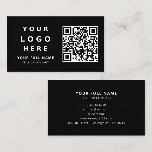 Business Logo And Qr Code Simple Minimalist Black Visitenkarte (Vorne/Hinten)