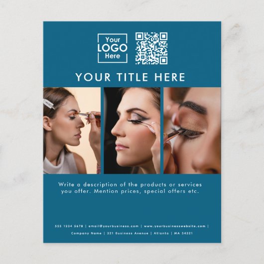 Business Logo Blue Beauty Salon 3 Fotos QR Code Flyer (Vorne)