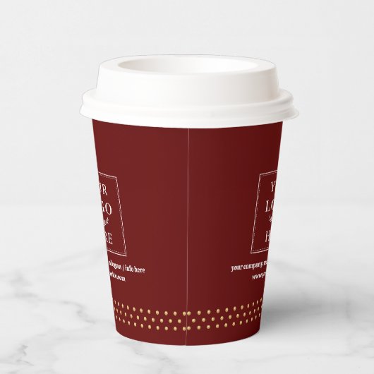 Business Logo Branded Paper Cup Burgundy Gold Dots Pappbecher (Rechts)