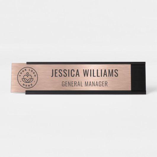 Business Logo Elegant Staff Faux Brushed Rose Gold Schreibtischnamensplakette (Vorderseite )