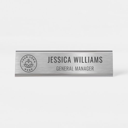 Business Logo Employee Elegant Faux Brushed Silver Schreibtischnamensplakette (Vorderseite )