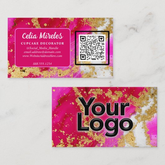 Business Logo Gold Elegance Rosa Geode QR Code Begleitkarte (Vorne/Hinten)