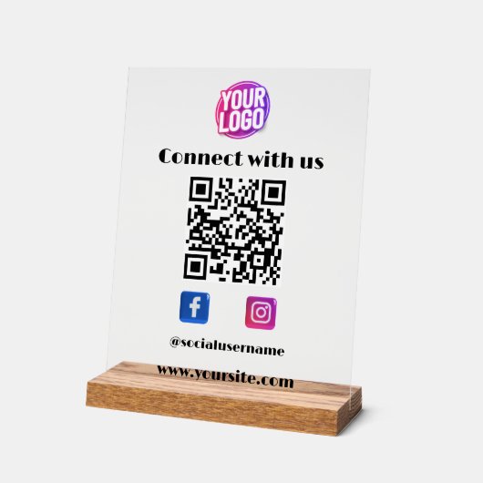 Business-Logo mit QR-Code und Social Media White Acrylschild (Winkel)