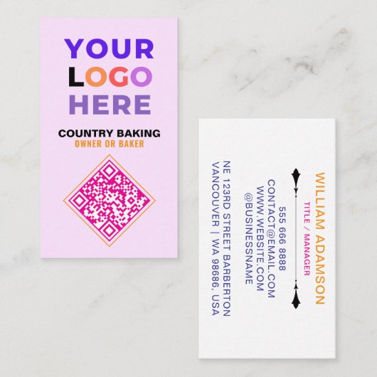 Business Logo & QR Code | White & Pink Bakery Visitenkarte (Vorne/Hinten)
