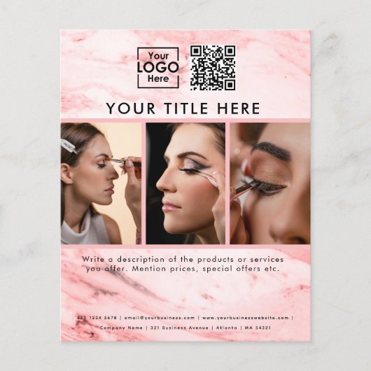 Business-Logo Rosa Marmor 3 Fotos QR-Code Flyer (Vorne)