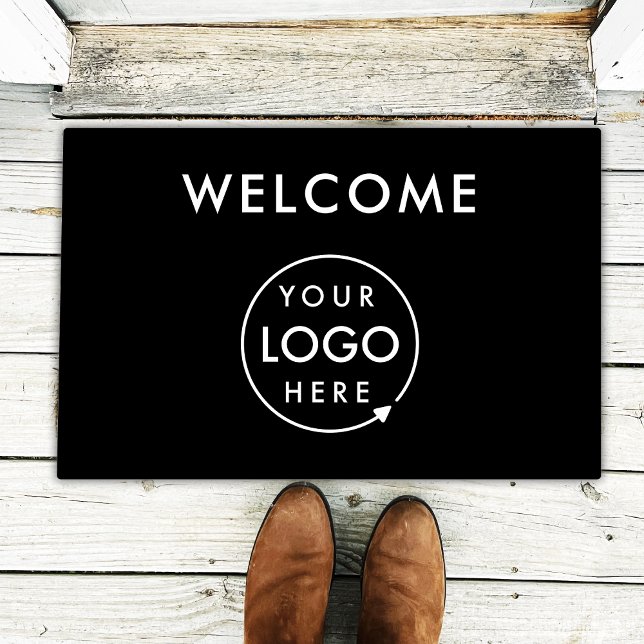 Business Logo Stylish Black Modern Professional Fußmatte (Sleek black company branded welcome doormat for small business premises promotion & store entrances.)