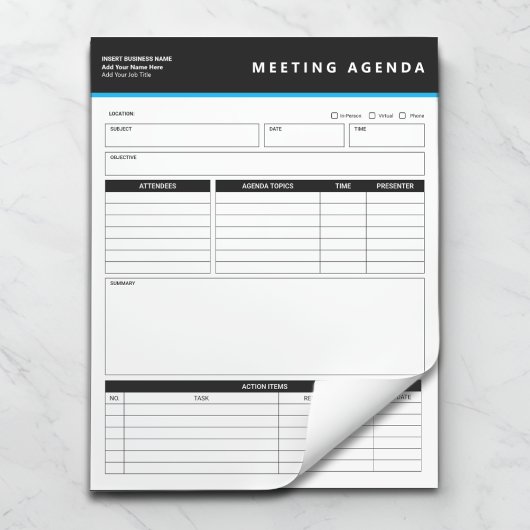 Business Name Simple Meeting Agenda Notepad Notizblock