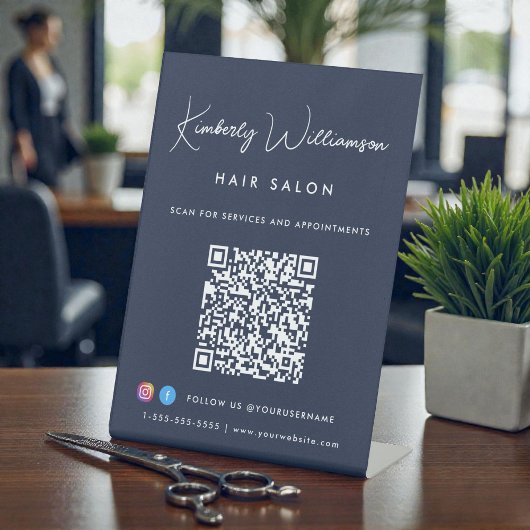 Business Name Stylish Signature Script QR Code Sockelschild