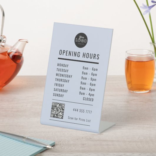 Business Open Hours Black Pastel Blue Logo QR Code Sockelschild (In SItu)