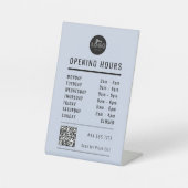 Business Open Hours Black Pastel Blue Logo QR Code Sockelschild (Vorderseite)