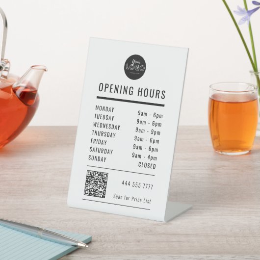Business Opening Hours Black & White Logo QR Code Sockelschild (In SItu)