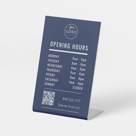 Business Opening Hours Logo QR Code on Navy Blue Sockelschild (Vorderseite)