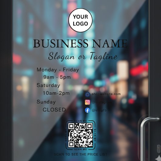 Business Opening Hours Modern Script & Qr, Social  Fensteraufkleber