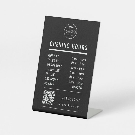 Business Opening Hours on Black with Logo QR Code Sockelschild (Vorderseite)