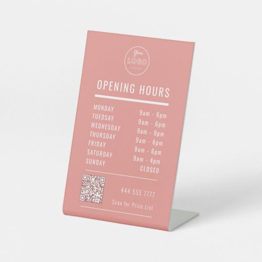 Business Opening Hours on Coral Pink Logo QR Code Sockelschild (Vorderseite)