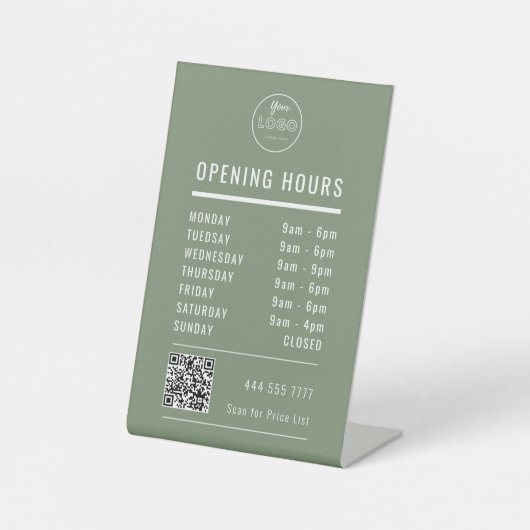 Business Opening Hours on Muted Green Logo QR Code Sockelschild (Vorderseite)
