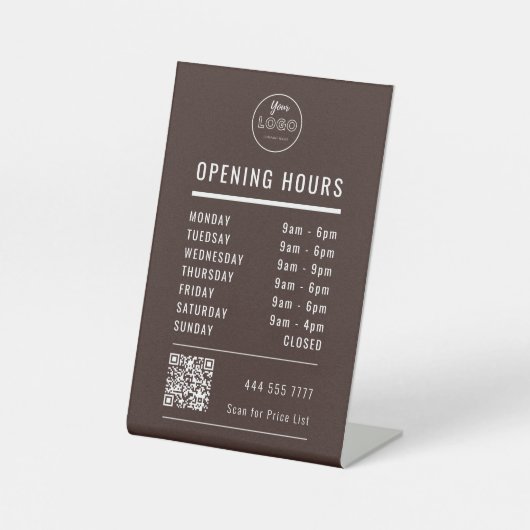 Business Opening Hours with Logo QR Code on Brown Sockelschild (Vorderseite)