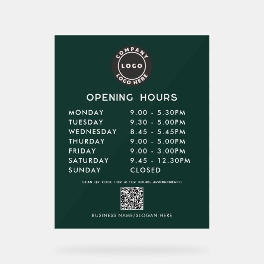 Business QR Code Logo Modern Opening Hours Acrylschild (Vorderseite)