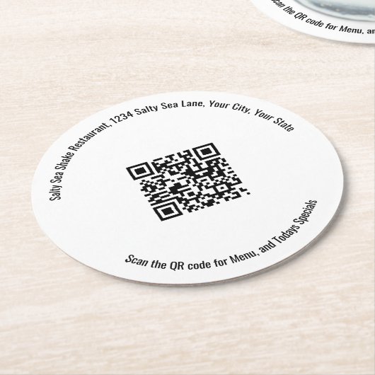 Business QR Code Minimalist Menu Custom Runder Pappuntersetzer (Angewinkelt)