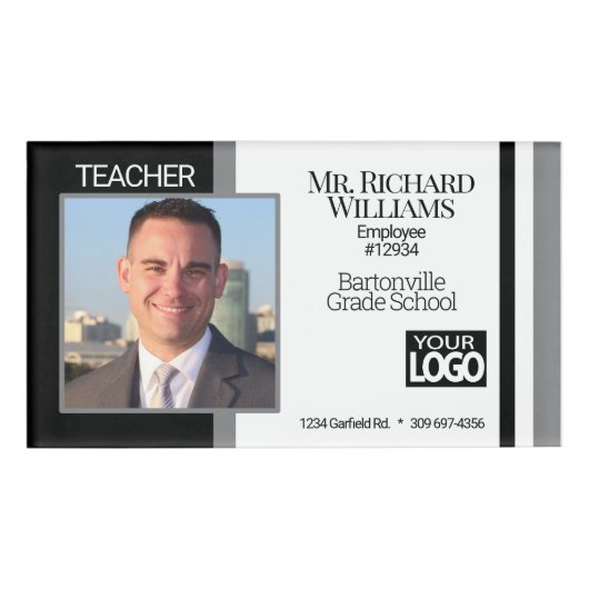 Business / School Foto ID - Schwarz, Weiß und Grau Namenschild (Vorderseite)