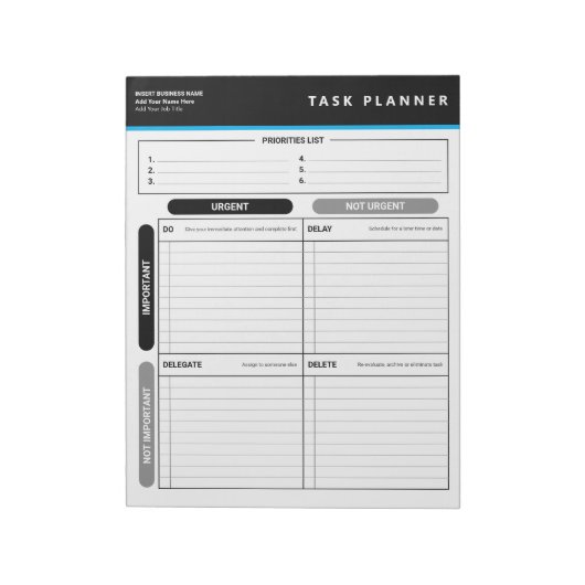 Business Task Planner Priority Matrix Notepad Notizblock (Rotiert)