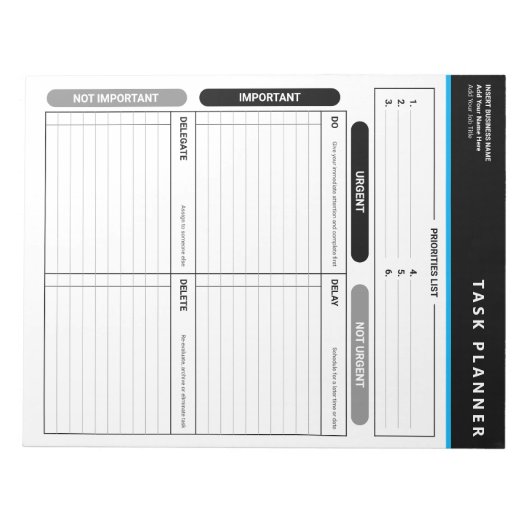 Business Task Planner Priority Matrix Notepad Notizblock (Vorderseite)