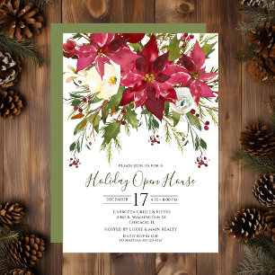 Business Watercolor Poinsettias Holiday Open House Einladung
