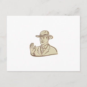 Businessman Fedora hat Vintag Etching Postkarte