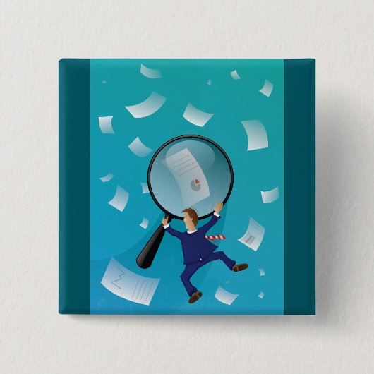 Businessman Giant Magnifying Glass Flying Papers Button (Vorderseite)