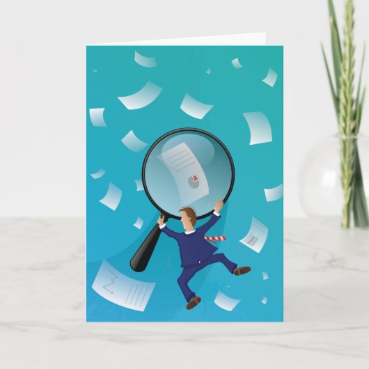 Businessman Giant Magnifying Glass Flying Papers Karte (Vorderseite)