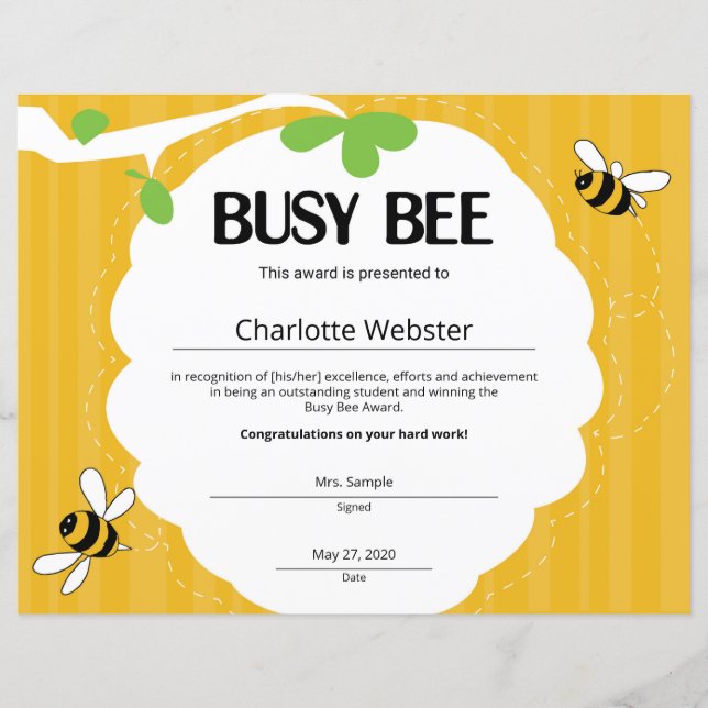 Busy Bee CertificateStudent RecognitionCertificate (Vorderseite)