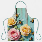 Busy Bees with Pink and Yellow Roses on Old Fence Schürze (Vorderseite)