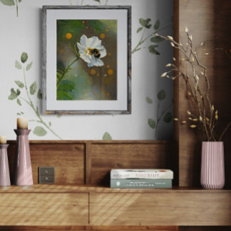 Busy Bumblebee Pollinating White Cosmos Flower Fotodruck