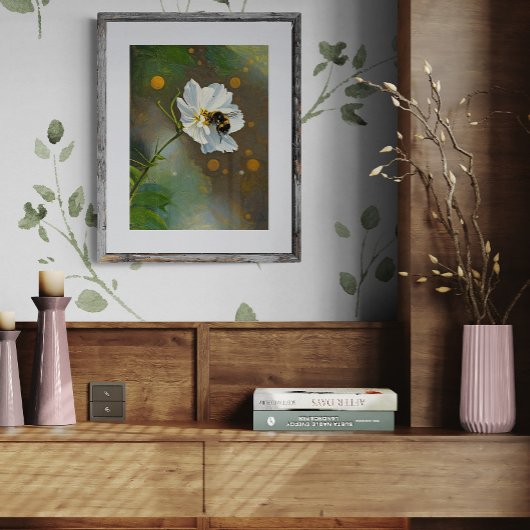 Busy Bumblebee Pollinating White Cosmos Flower Fotodruck