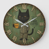 But First Coffee Black Cat Große Wanduhr (Vorderseite)