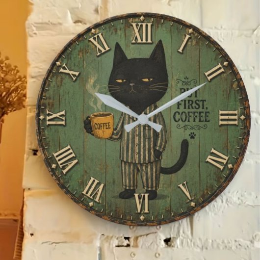 But First Coffee Black Cat Große Wanduhr