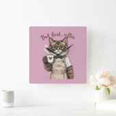 But First, Coffee Cat Quadratische Wanduhr (Zuhause)