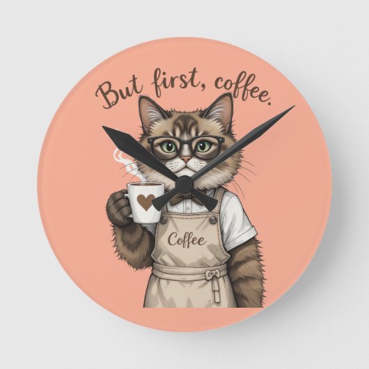 But First, Coffee Cat Runde Wanduhr (Vorderseite)