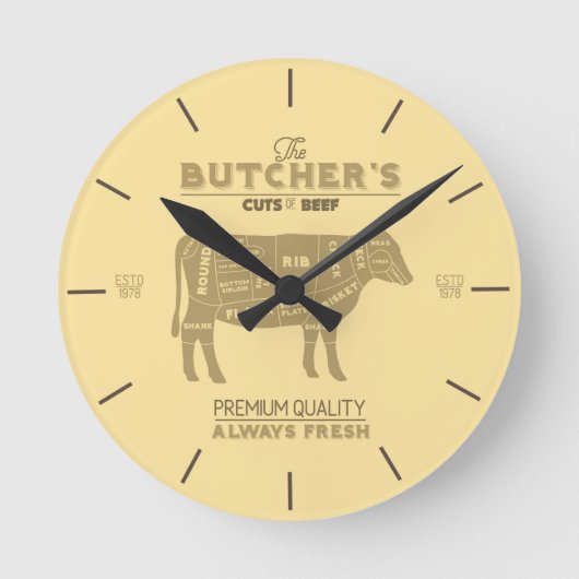 Butcher Shop Cuts of Beef Diagram Runde Wanduhr (Vorderseite)