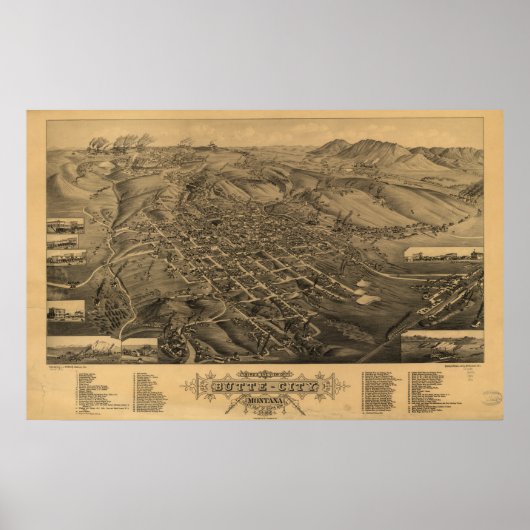 Butte Montana 1884 Antique Panoramabalkarte Poster (Vorne)