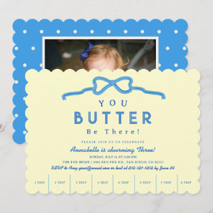 Butter Be There Blaue Schleife Foto Kindergeburtst Einladung