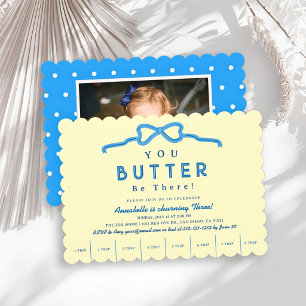 Butter Be There Blaue Schleife Foto Kindergeburtst Einladung