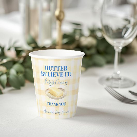 Butter Believe It Yellow Gingham Boy Baby Shower Pappbecher