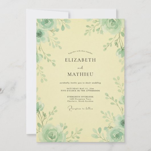 Butter-Celadon-Rosen-Hochzeit Einladung (Vorderseite)