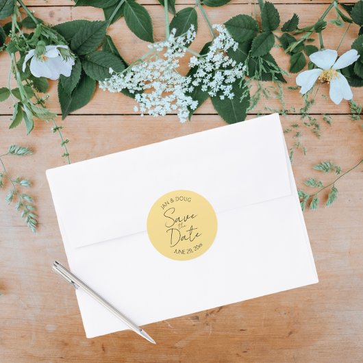 Butter Gelb stylisierte Hochzeit Speichern Sie das Runder Aufkleber