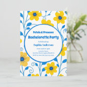Butter Gelb und Blau Florals-Junggeselinnen-Abschi Einladung (Stehend Vorderseite)