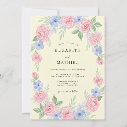 Butter Periwinkle Kranz Hochzeit Einladung (Vorderseite)